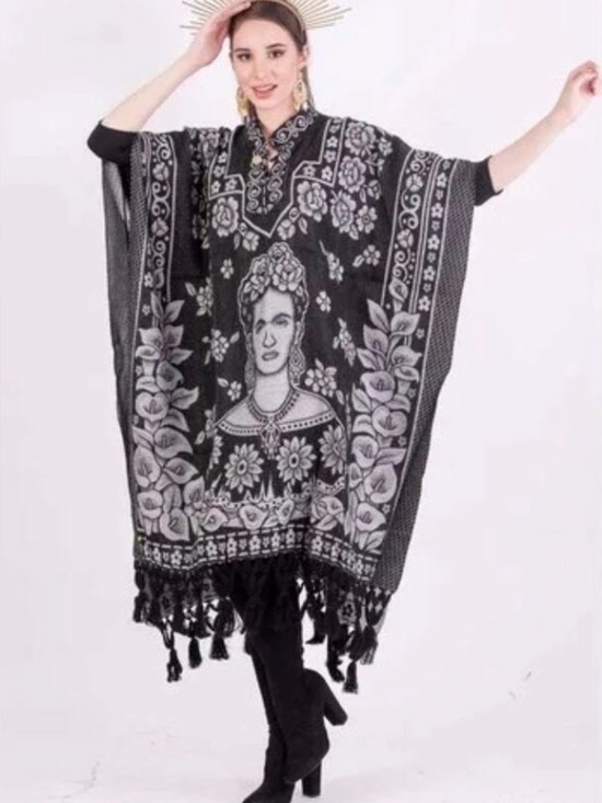 Jackets & Blazers - Frida Kahlo Graphic Poncho - Black & Light Pink